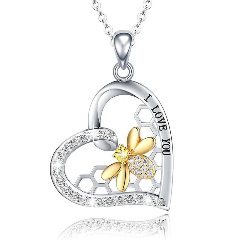925 Silver Heart 18K Plated Bee Necklace CZ Beehive Pendant Chain for Women
