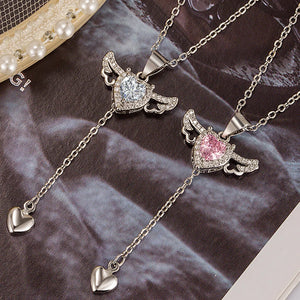 925 Silver Heart Angel Wings Pendant Choker Necklace Women Jewelry