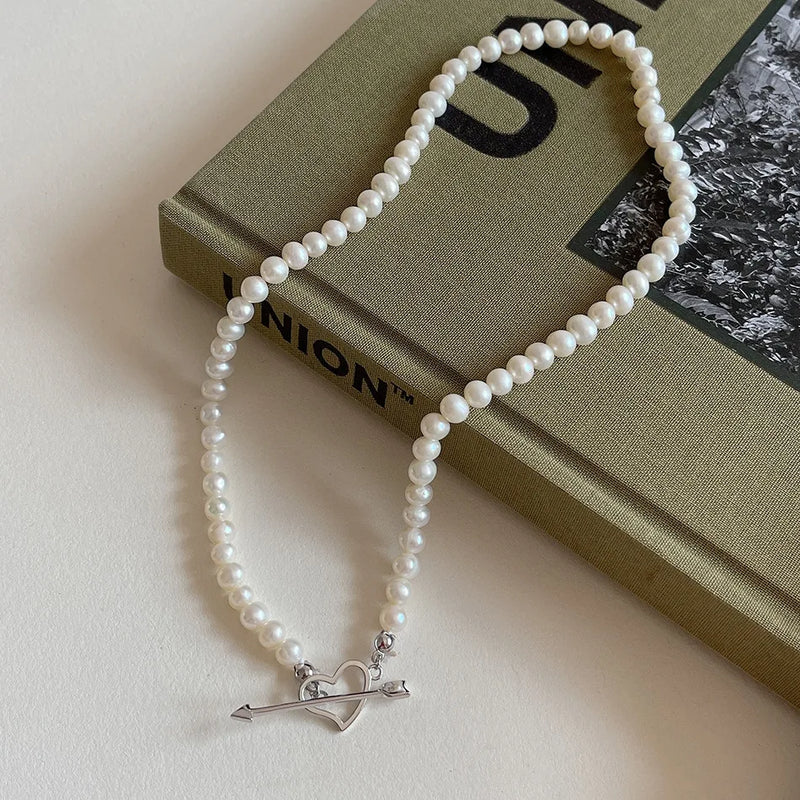925 Silver Heart Arrow Necklace Shell Pearl Women Engagement Gift Girls Choker