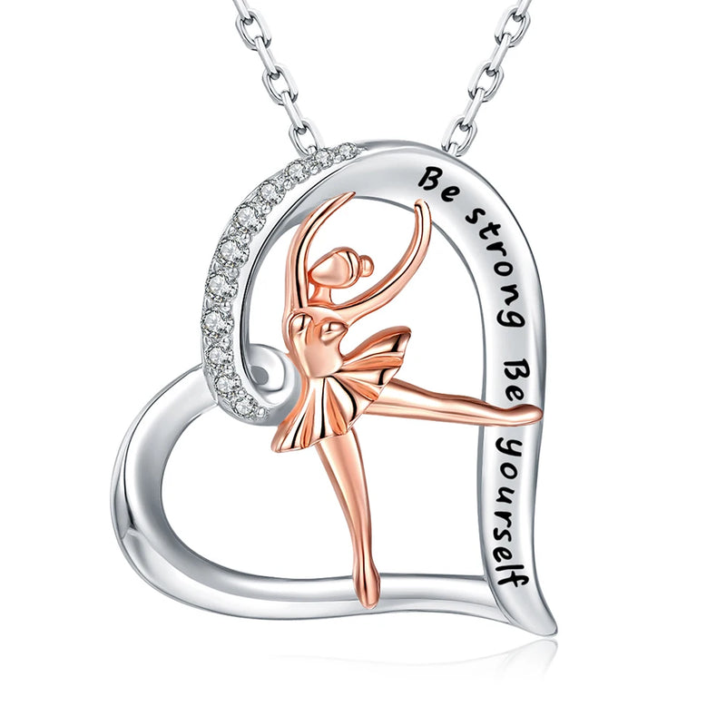925-Silver Heart Ballet Dance Pendant Necklace with Cubic Zirconia