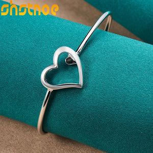 925 Silver Heart Bangle Bracelet Women Wedding Charm Jewelry