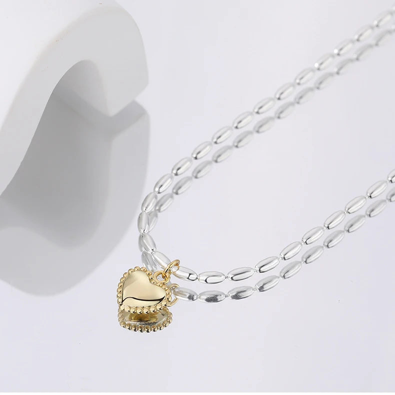925 Silver Heart Beaded Chain Necklace Pendant Love Charm