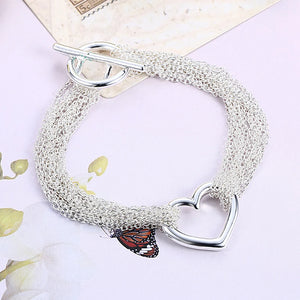 925 Silver Heart Bracelet Tassels Chain Bangle Engagement Wedding Party Jewelry