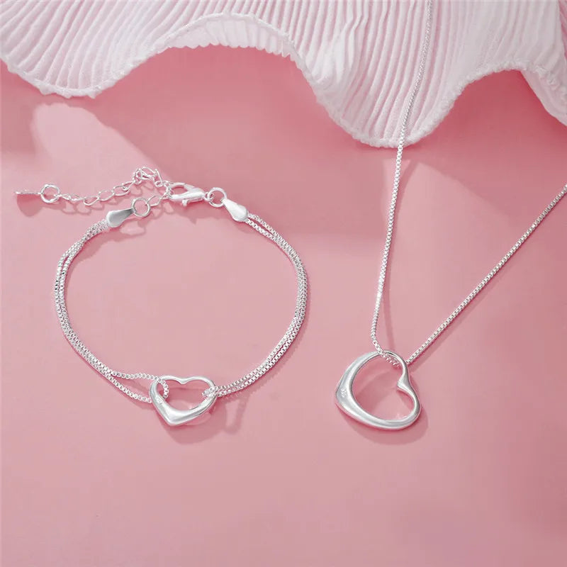 925 Silver Heart Bracelet Necklace Set Women's Wedding Jewelry
