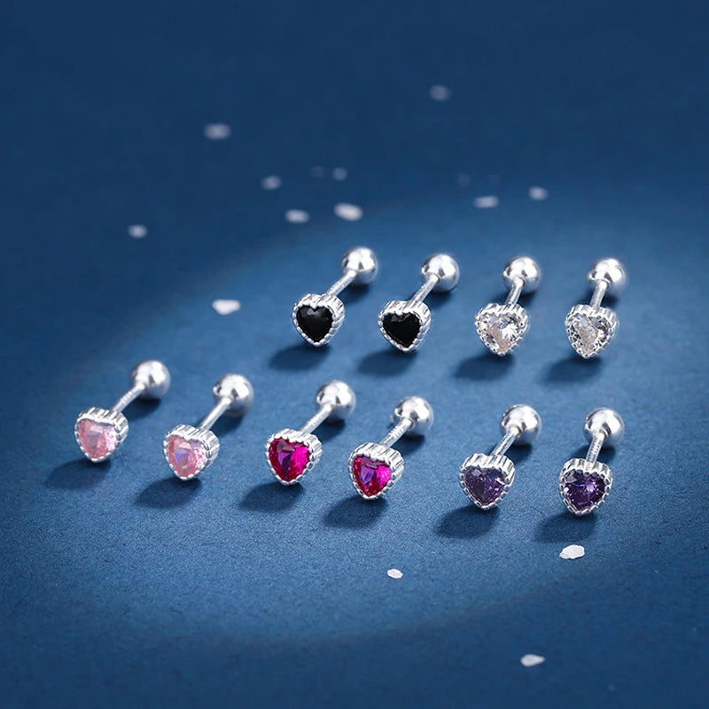 925 Silver Heart CZ 4mm Stud Earring 5 Colors Zircon Jewelry