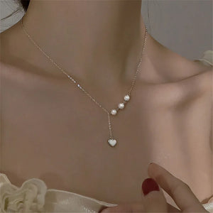925 Silver Heart Charm Necklace Round Pearl For Women Wedding Party