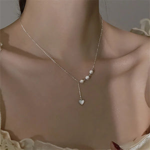 925 Silver Heart Charm Necklace Round Pearl For Women Wedding Party