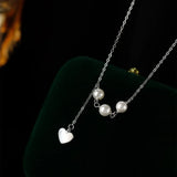 925 Silver Heart Charm Necklace Round Pearl For Women Wedding Party