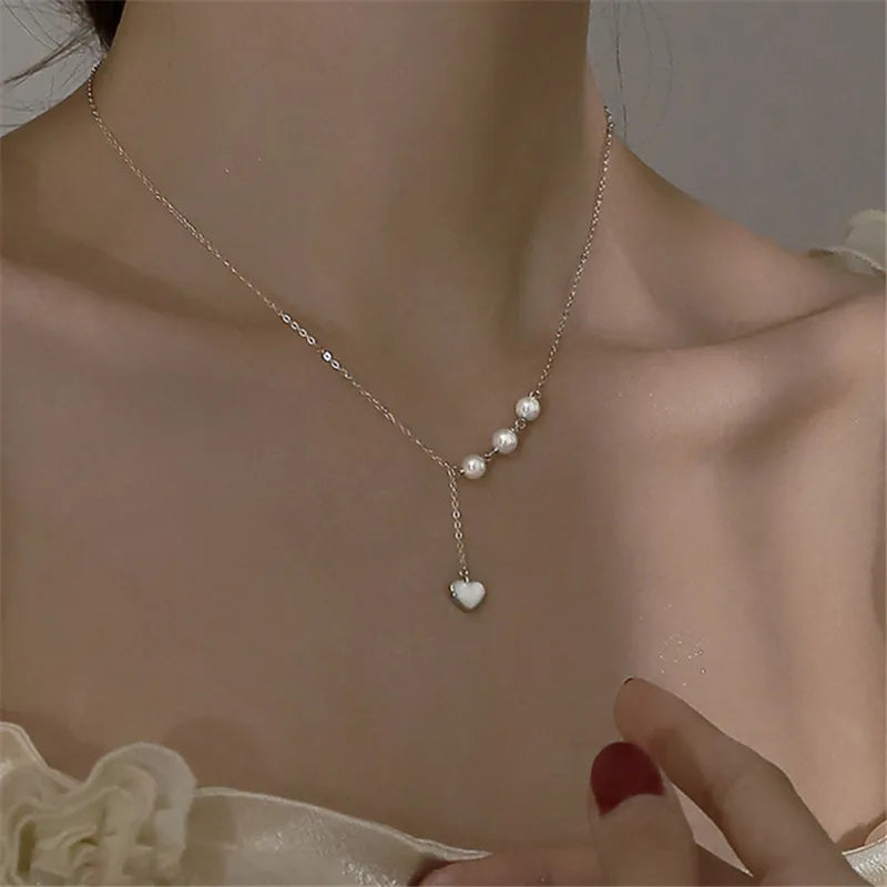 925 Silver Heart Charm Necklace Round Pearl For Women Wedding Party