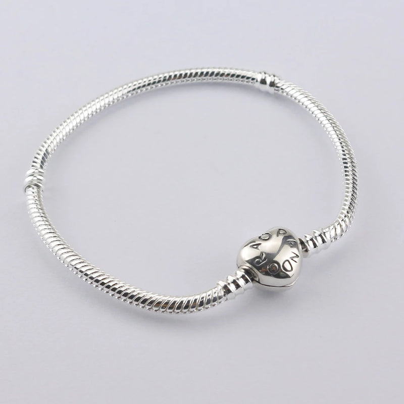 925 Silver Heart Clasp Snake-Bone Chain Bracelet for Charm Beads Jewelry