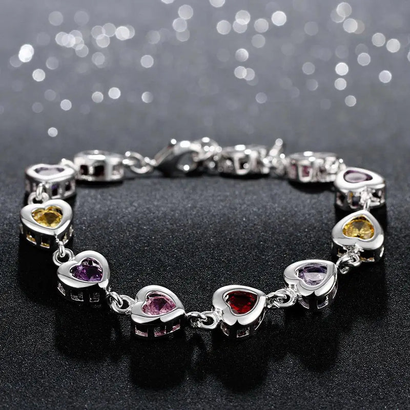 925 Silver Heart Crystal Chain Bracelet Women Jewelry
