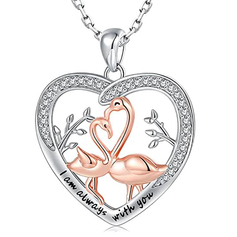925 Silver Heart Flamingo Mom & Kids Necklace for Valentine