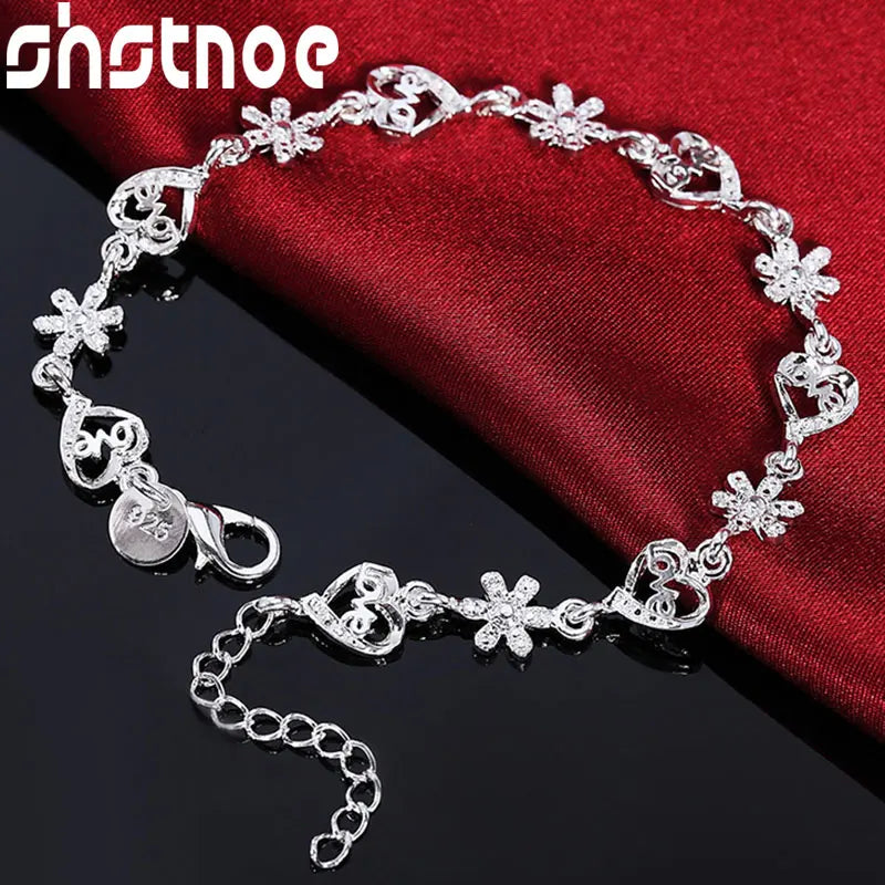 925 Silver Heart Flower Chain Bracelet Wedding Valentines Gift