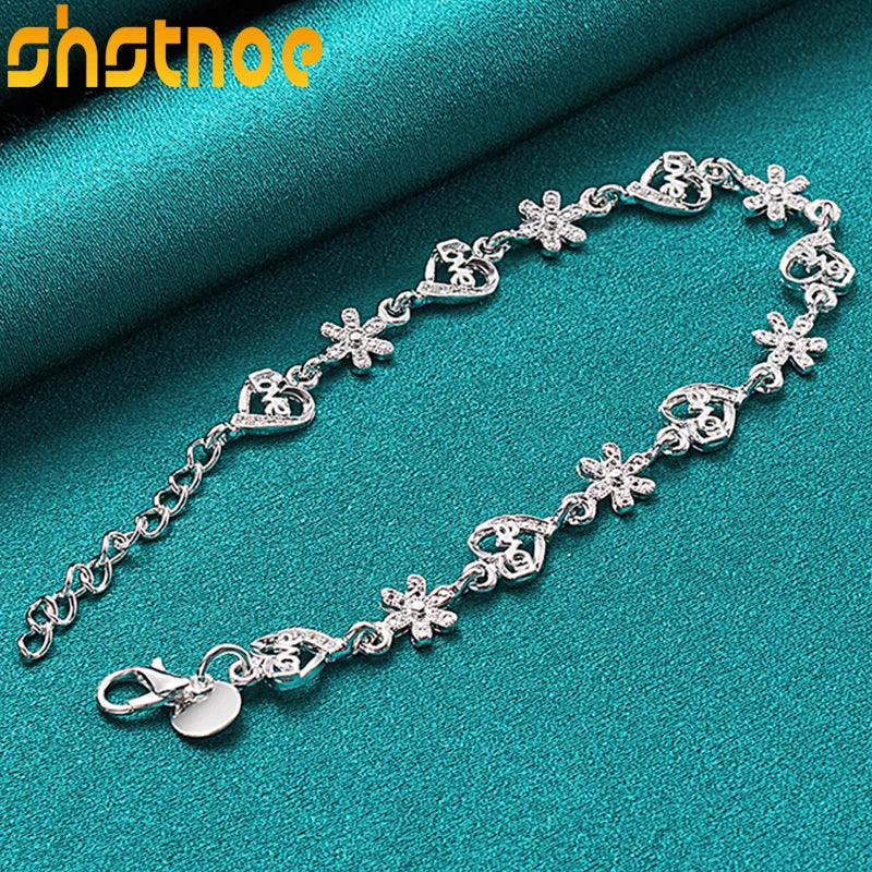 925 Silver Heart Flower Bracelet Women Party Engagement Wedding Gift