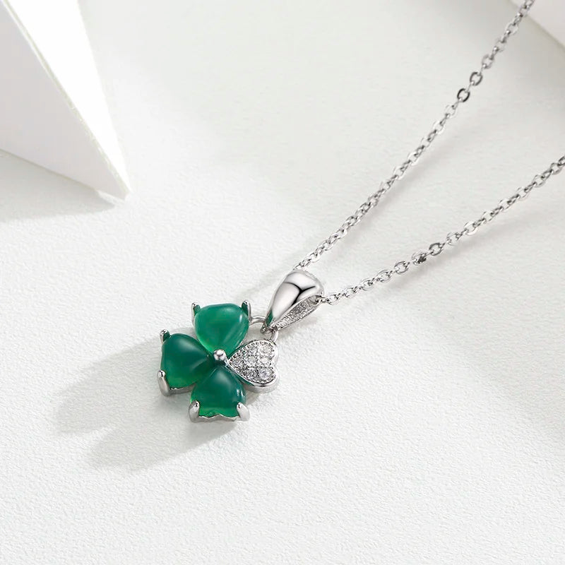 925 Silver Green Chalcedony Clover CZ Charm Pendant Necklace