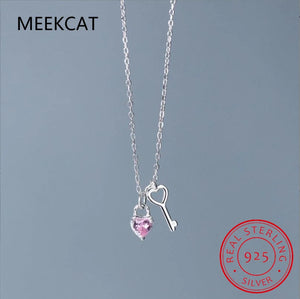 925 Silver Heart Key Pendant Necklace Women Birthday Gift BSN291