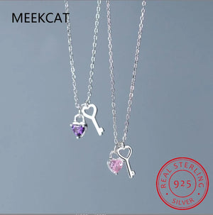 925 Silver Heart Key Pendant Necklace Women Birthday Gift BSN291