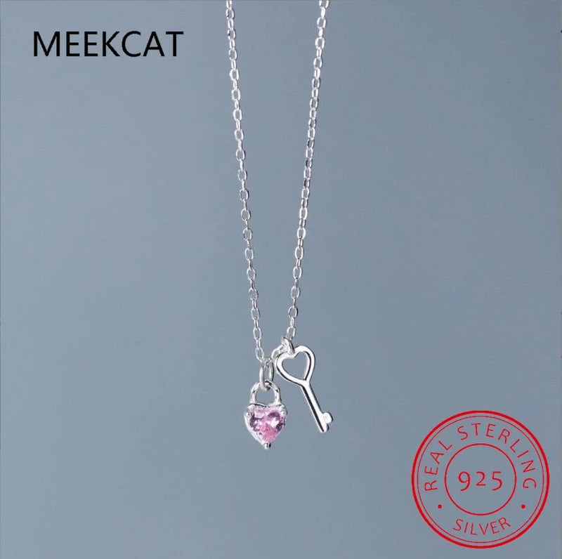 925 Silver Heart Key Pendant Necklace Women Birthday Gift BSN291