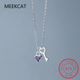 925 Silver Heart Key Pendant Necklace Women Birthday Gift BSN291