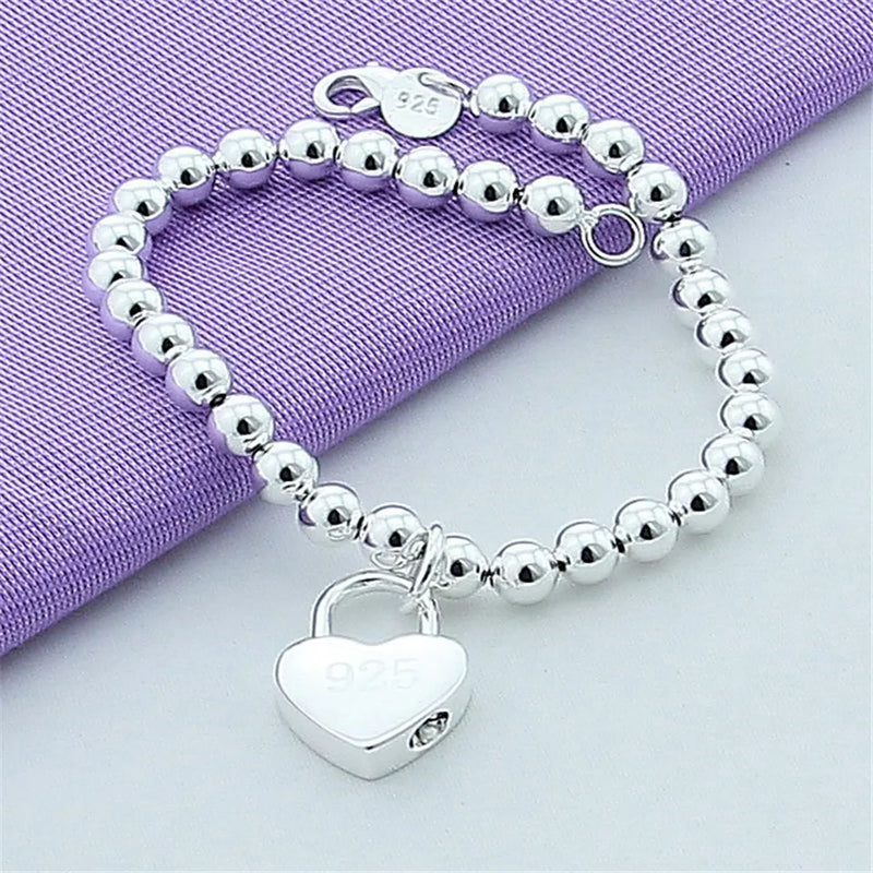 925 Silver Heart Lock 6mm Beads Chain Bracelet for Women