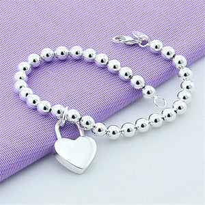 925 Silver Heart Lock 6mm Beads Chain Bracelet for Women