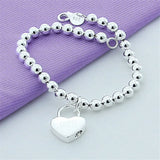 925 Silver Heart Lock 6mm Beads Chain Bracelet for Women
