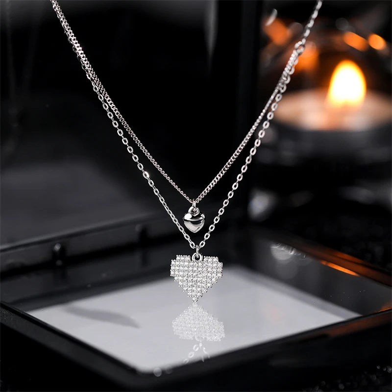 925 Silver Heart Necklace Zircon Double Layer Choker
