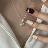 925 Silver Heart Pearl Chain Choker Necklace Women Fine Jewelry