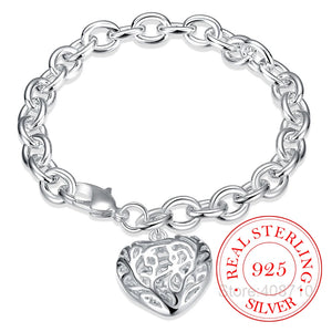925 Sterling Silver Heart Pendant Chain Bracelet Women Jewelry Christmas Gift