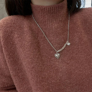 925 Silver Heart Shape Chain Choker Necklace Retro Fine Jewelry
