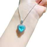 925 Silver Heart Paraiba Tourmaline Diamond Pendant Necklace