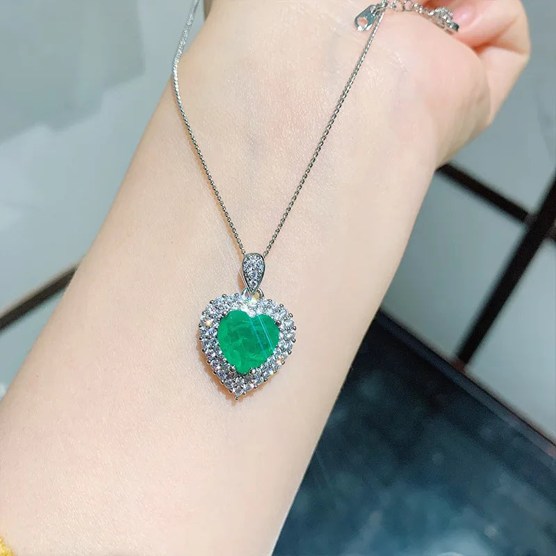 925 Silver Heart Paraiba Tourmaline Diamond Pendant Necklace