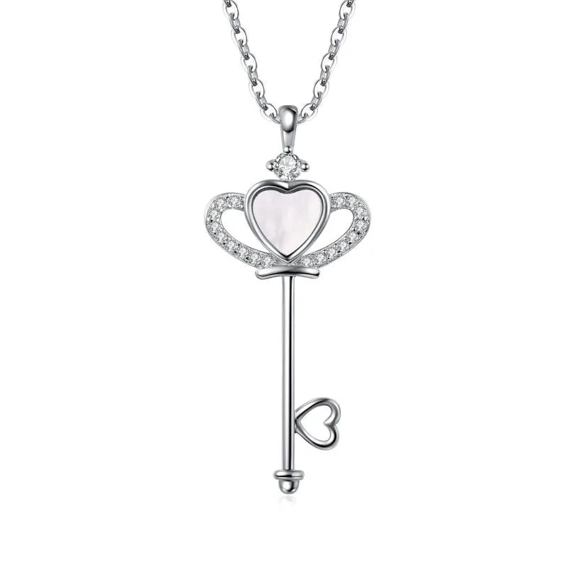 925 Silver Heart Shell Crown Key Pendant Necklace for Women