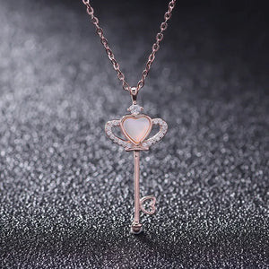 925 Silver Heart Shell Crown Key Pendant Necklace for Women