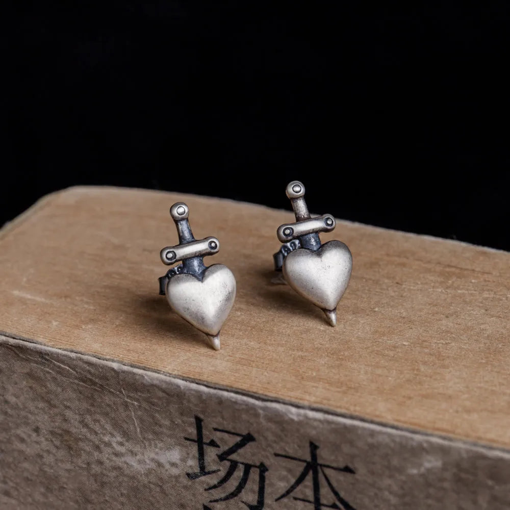 925 Silver Heart Sword Stud Earrings Vintage Jewelry for Women