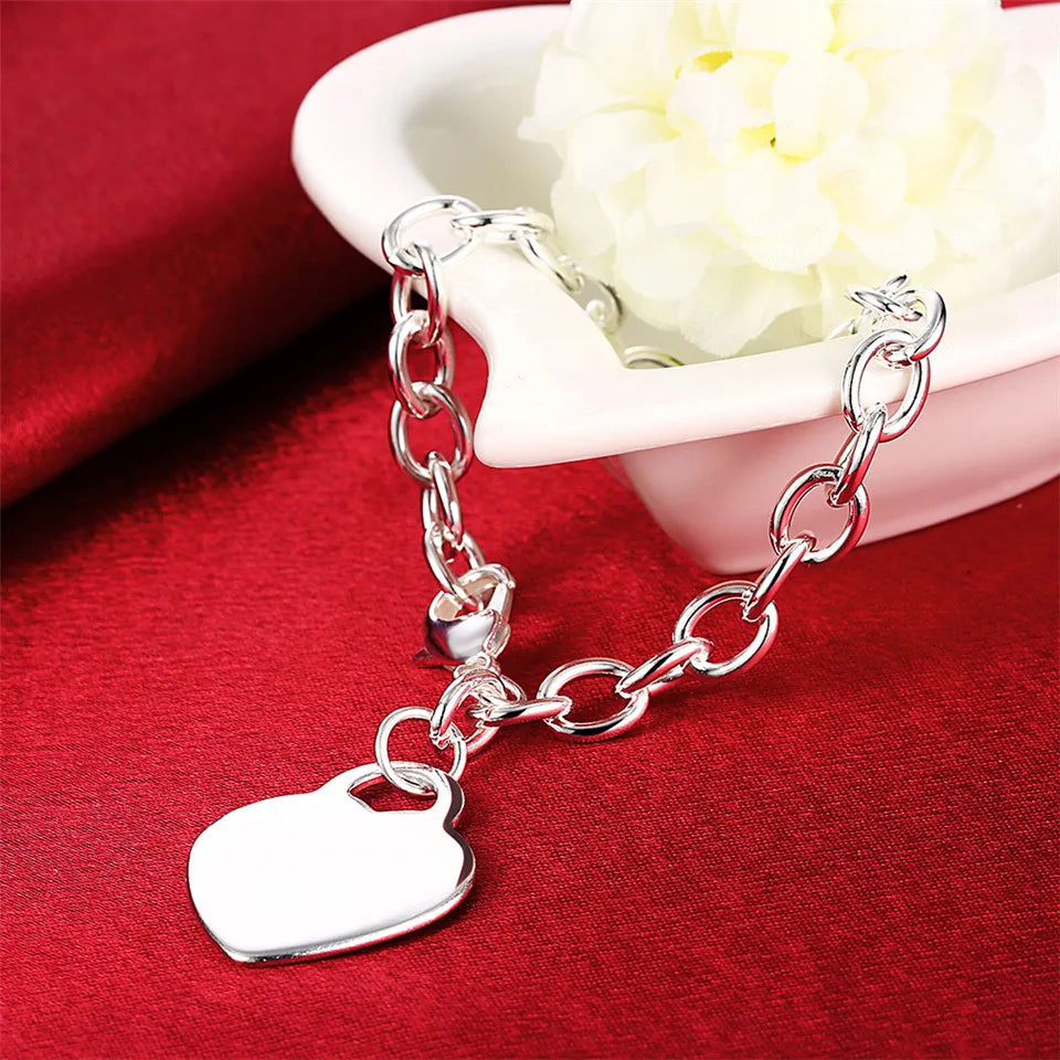 925 Silver Heart Tag Pendant Bracelet Women Charm Wedding Jewelry