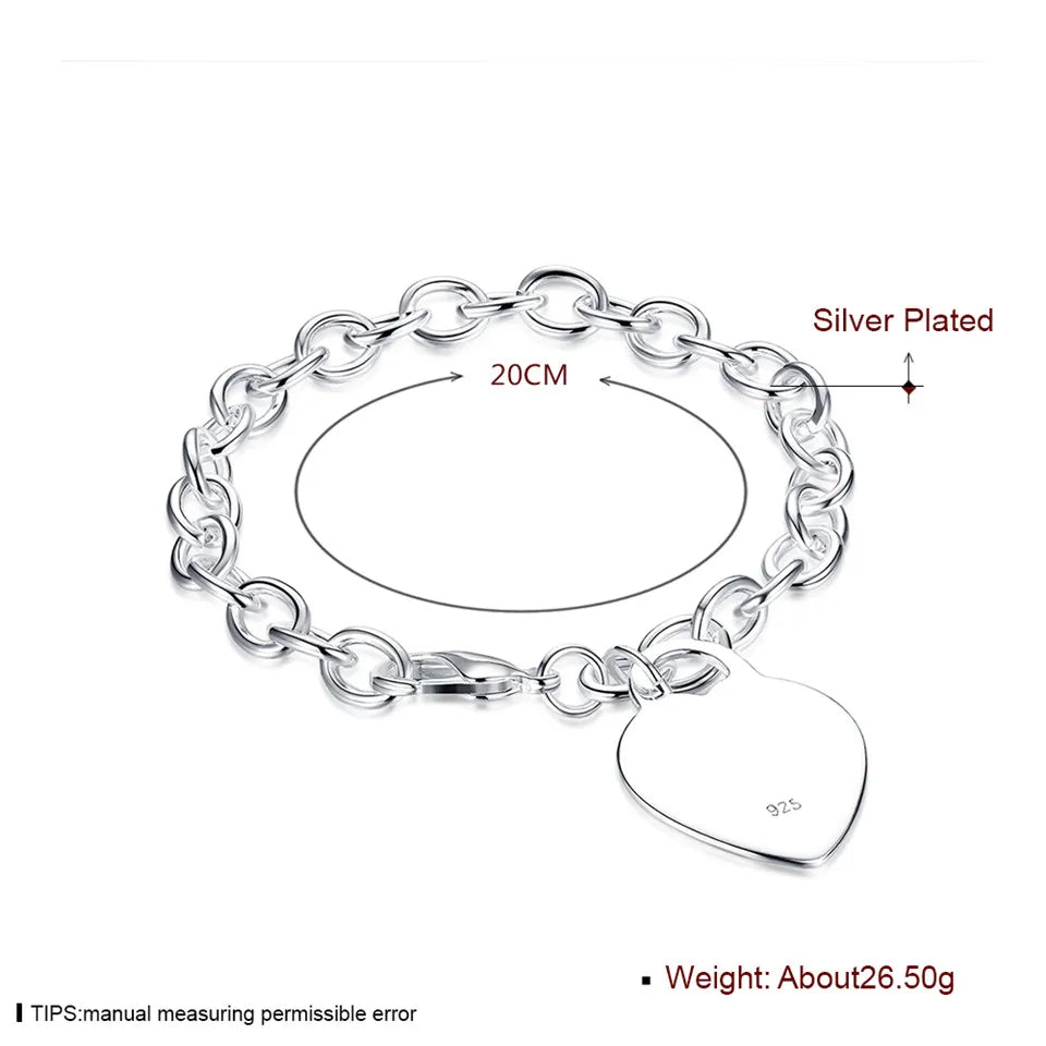 925 Silver Heart Tag Pendant Bracelet Women Charm Wedding Jewelry