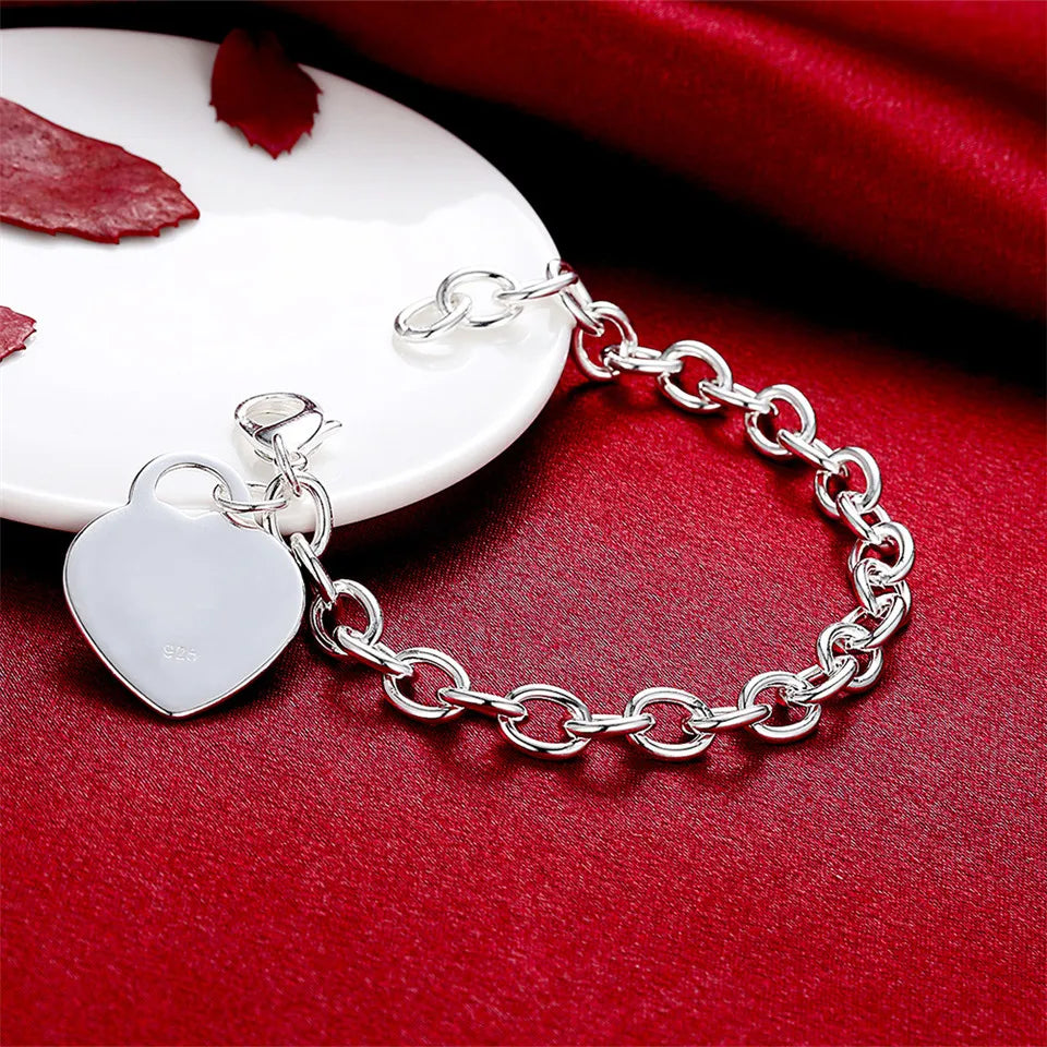 925 Silver Heart Tag Pendant Bracelet Women Charm Wedding Jewelry