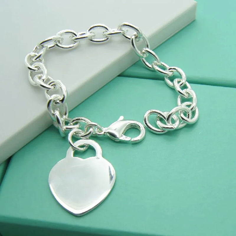 925 Silver Heart Tag Pendant Bracelet Women Charm Wedding Jewelry