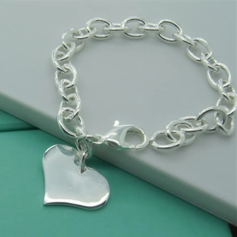 925 Silver Heart Tag Pendant Bracelet Wedding Engagement Gift