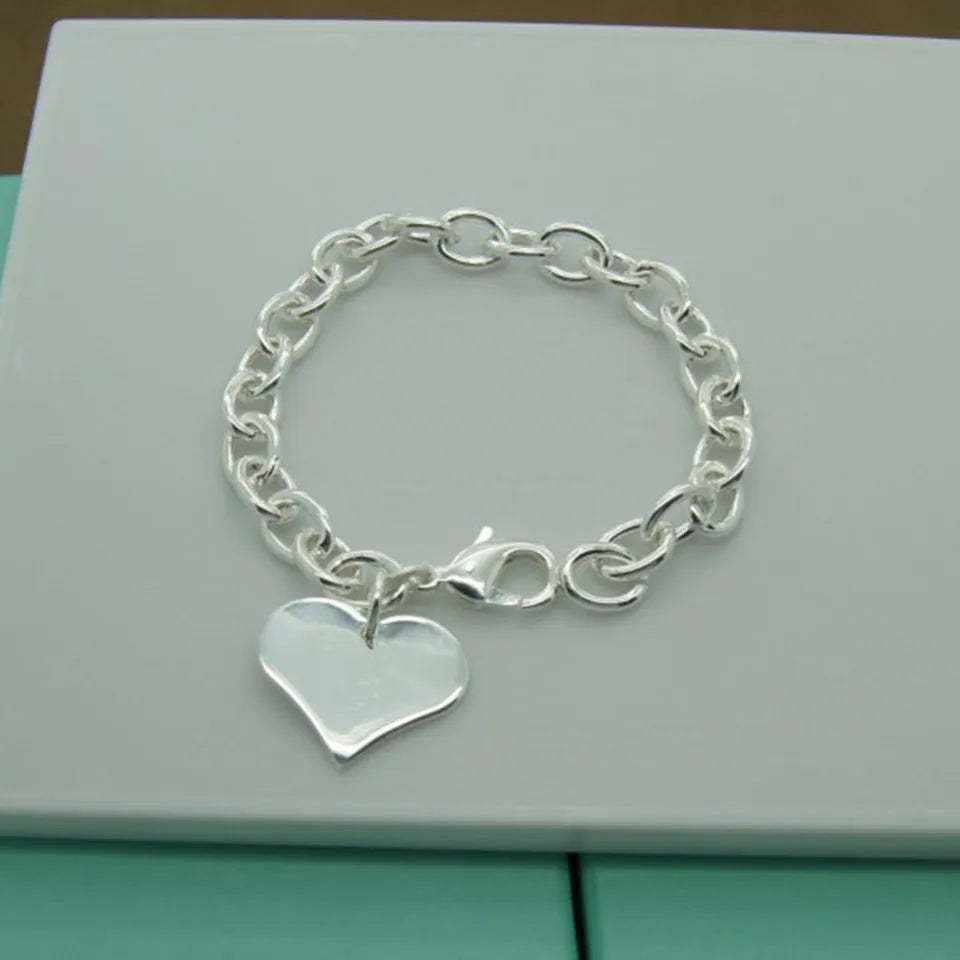 925 Silver Heart Tag Pendant Bracelet Wedding Engagement Gift