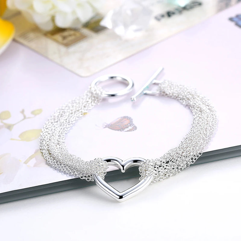 925 Silver Heart Tassel Bracelet Chain for Women