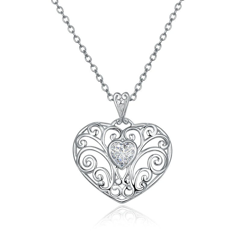 925 Silver Heart-shaped Hollow Vine Zircon Pendant Necklace Women