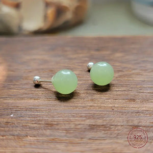 925 Silver Hetian Jade Circle Stud Earrings Retro Geometry Mini Earring
