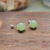 925 Silver Hetian Jade Circle Stud Earrings Retro Geometry Mini Earring