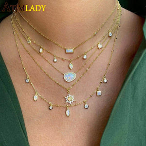 925 Silver CZ Opal Stone Geometric Choker Necklace
