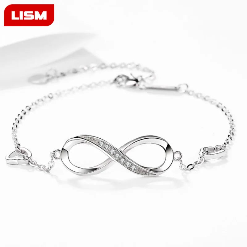925 Silver High 8 Lucky Number Infinity Heart Charm Bracelet Bangle