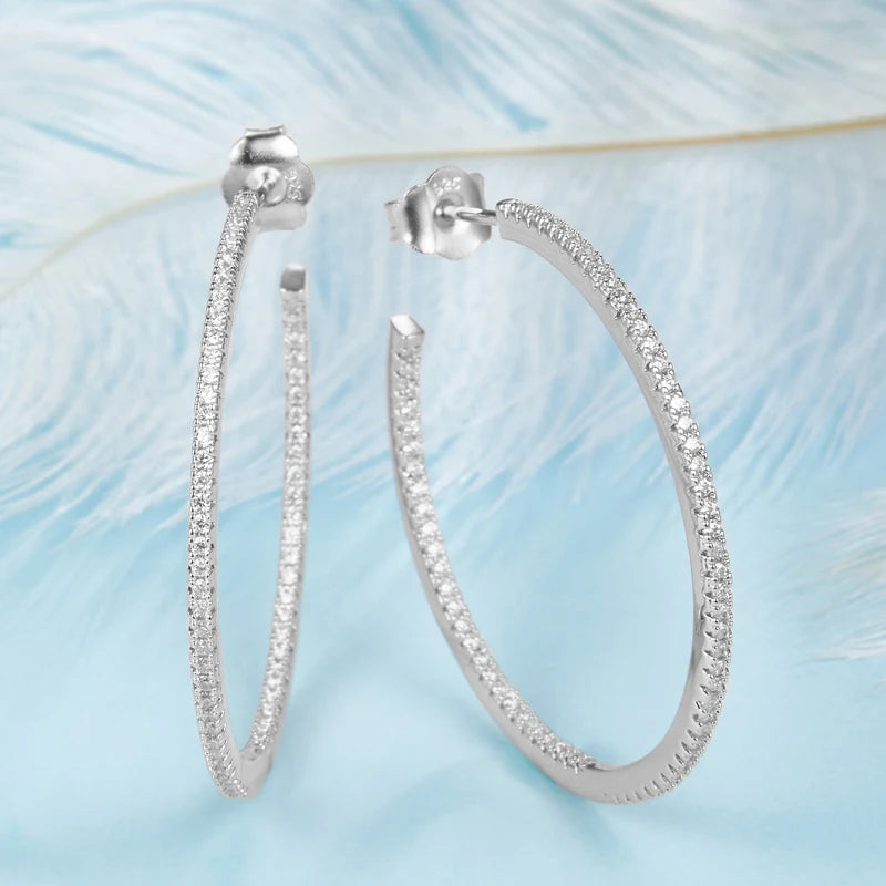 925 Silver Zircon Round Hoop Earrings Women Wedding Jewelry