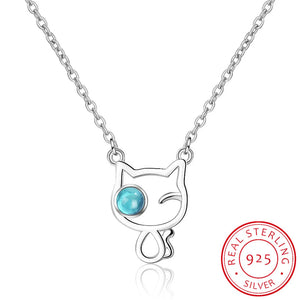 925 Silver Hollow Cat Crystal Necklace Women Chain Fine Jewelry