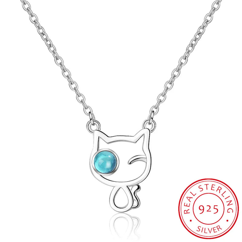 925 Silver Hollow Cat Crystal Necklace Women Chain Fine Jewelry